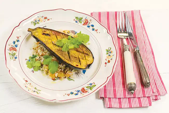 Receita de Berinjela assada com arroz sete cereais