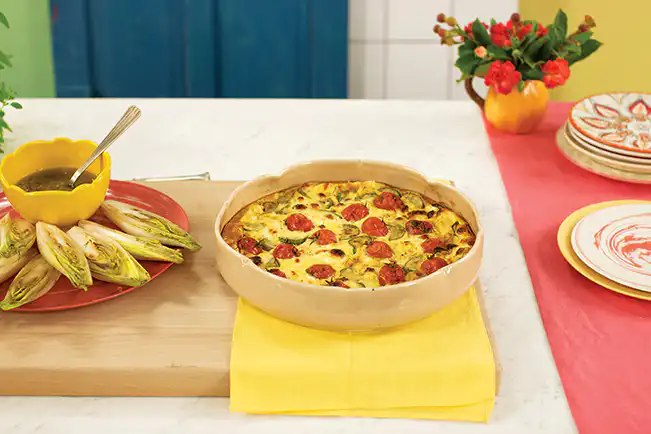 Clafoutis de abobrinha com tomate e queijo minas
