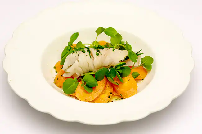 Enroladinho de peixe com salada marroquina de cenoura